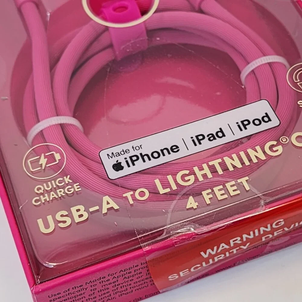 Mobile Device Quick Charge Cable | USB-A to Lightning | Hot Pink 4 FT NEW